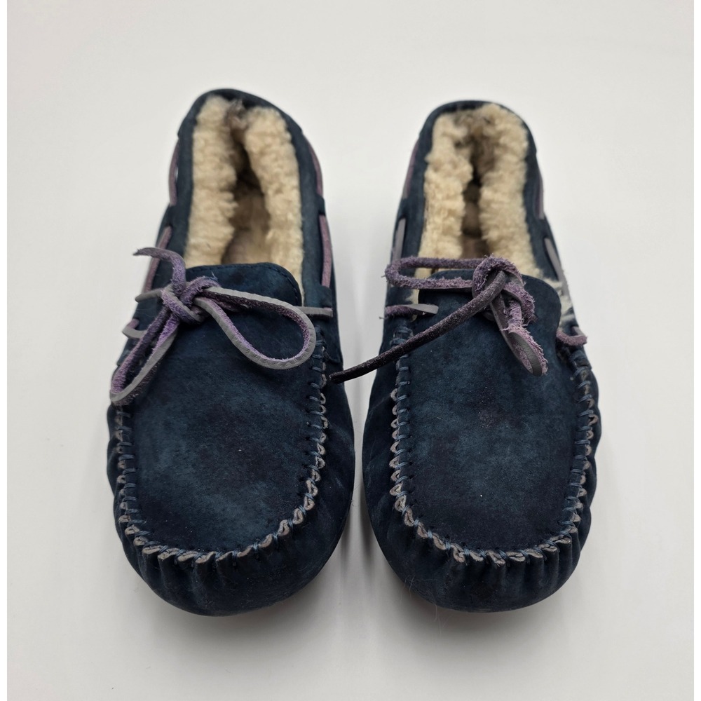 UGG Australia Dark Blue Suede Shearling‎ Lined Moccasin Slippers Women Size 6